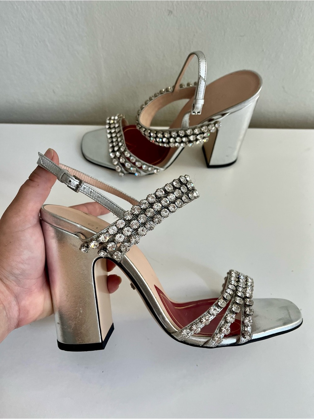 Gucci Bertie Crystal Metallic Leather Sandals Size 36.5 - Picture 2 of 16
